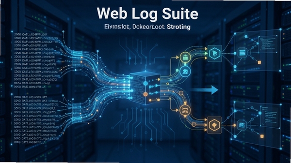 Web Log Suite 日志解析引擎工作示意图,展示大量日志数据被快速扫描、分类和提取的过程,画面以数据流和节点网络形式呈现,背景为蓝色科技感色调,数据节点高亮显示