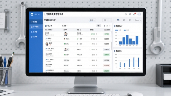 上门服务费用管理系统主界面预览图,展示清晰的订单列表、费用统计图表和功能导航栏,整体风格简洁现代,采用蓝白配色,画面明亮,软件界面完整显示在屏幕中央,背景为浅灰色工作台环境