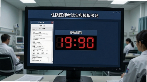住院医师考试宝典模拟考场界面,显示考试倒计时和答题卡,整体风格严肃正式,模拟真实考试氛围