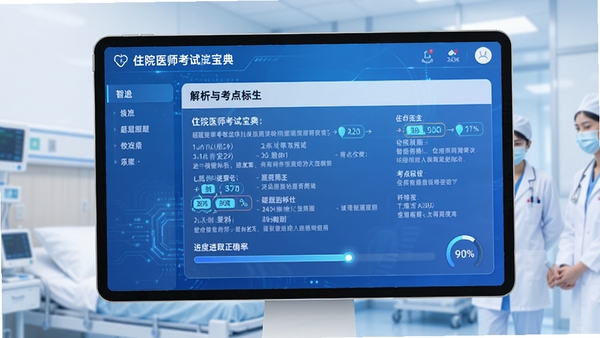 住院医师考试宝典智能刷题界面,展示题目解析与考点标注,界面以蓝白配色为主,进度条显示正确率,画面清晰有科技感