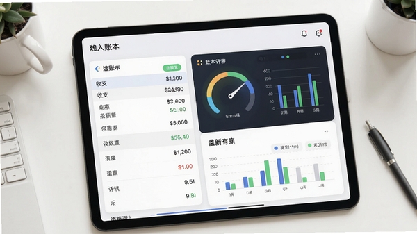 个人记账本软件主界面预览图,展示清晰的收支分类列表和简洁的仪表盘风格统计图表,背景为干净的浅色调工作台,整体风格现代且友好