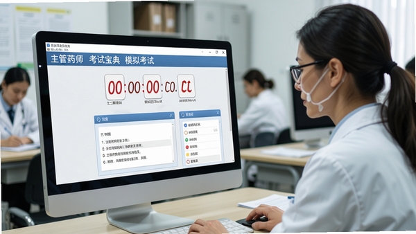 主管药师考试宝典模拟考试界面展示,电脑屏幕上显示倒计时与答题卡,背景为考试场景,氛围紧张有序,突出软件计时与评分功能