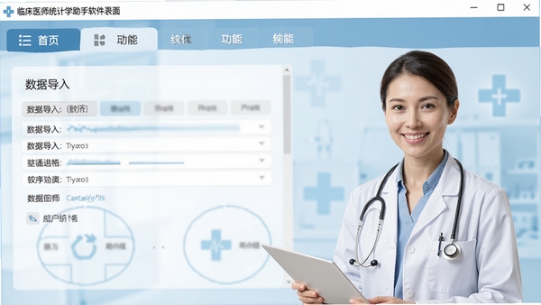 临床医师统计学助手软件界面预览图,展示其简洁明了的操作主界面,包含数据导入区域和统计功能菜单栏,背景为淡雅的医疗蓝色调,整体风格专业且友好