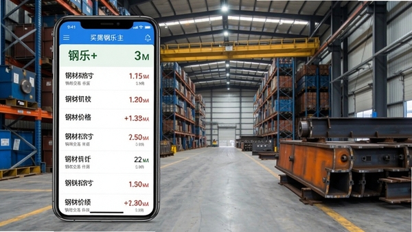 买钢乐+主界面展示,手机屏幕显示钢材价格行情列表,背景为现代钢铁仓储场景,画面清晰,色彩真实,突出软件在钢材交易中的核心作用