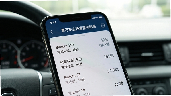 手机屏幕特写显示曹行车主违章查询结果列表,清晰展示违章时间、地点、扣分与罚款金额,背景为柔和的驾驶舱环境,光线自然,突出数据清晰易读,界面风格简约现代。