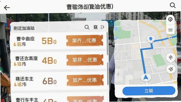 曹行车主加油优惠界面展示附近加油站列表,包含油价标签与优惠券图标,背景为街道实景,地图导航线路清晰,整体风格实用且信息层次分明。