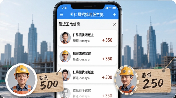 仁易招找活版主界面全览,手机屏幕显示附近工地招工信息列表,背景为城市建筑剪影,前景有工人头像与薪资标牌,画面清晰明亮,突出即时接单与地理位置服务核心功能,整体风格写实且充满生活气息。