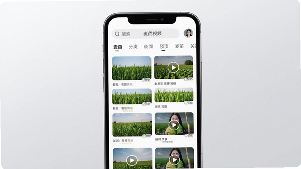 麦苗视频主界面预览图,手机屏幕显示视频列表缩略图,背景为浅灰色渐变,画面主体居中,顶部有搜索栏和分类标签,整体风格简洁现代,光线柔和,突出软件名称麦苗视频