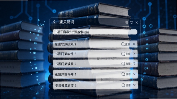 书香门第软件书源搜索功能,输入关键词,显示多个来源列表,背景为书籍堆叠,科技感蓝色调