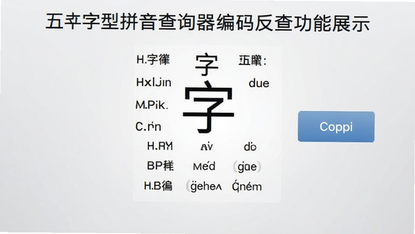 五笔字型拼音查询器编码反查功能展示图,界面中央显示“字”的多种五笔编码和拼音,旁边有复制按钮,背景为浅灰色渐变,风格简洁明了