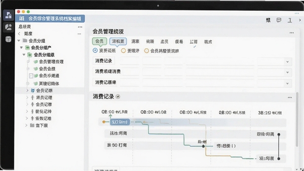 会员综合管理系统档案编辑界面,左侧为会员分组树状列表,右侧为详细的资料表单,包含标签选项与消费记录时间线,界面配色清爽,信息层级分明
