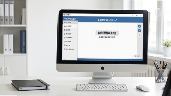 公务员考试面试第一软件主界面展示,左侧功能列表清晰,右侧为面试模拟答题区域,背景为整洁的办公桌,电脑屏幕显示软件界面,整体风格专业、明亮,适合公务员备考场景