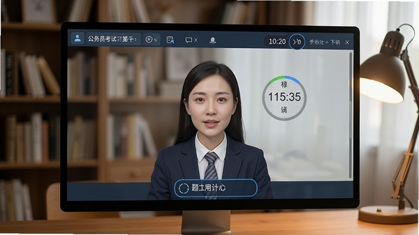 公务员考试面试第一软件模拟面试界面,虚拟考官形象在屏幕中提问,用户正对摄像头作答,界面显示计时器与题目文字,背景为书房场景,灯光柔和,突出真实面试感