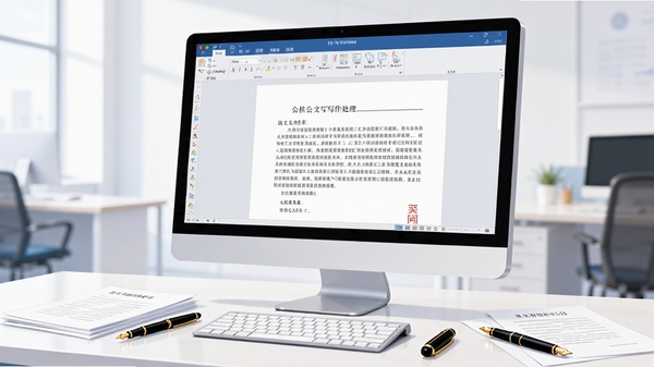 一幅现代办公场景的插画,桌面摆放着电脑显示器,屏幕上显示着公文写作处理的软件界面,界面中呈现标准公文排版样式,旁边散落着几份纸质文件与钢笔,背景为明亮的办公室环境,整体色调干净专业,强调高效写作与规范格式,画面中无文字。