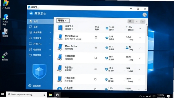 共享卫士主界面预览图,画面主体是软件主窗口,左侧为功能导航栏,右侧展示当前网络中的共享设备列表,背景为干净的Windows桌面环境,整体风格简洁现代,图标清晰,色彩以蓝白为主,突出软件的专业与易用性