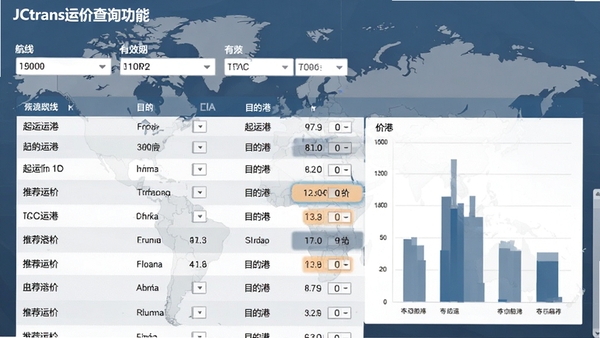 JCtrans运价查询功能截图,展示航线列表和价格对比图表,界面包含起运港、目的港、有效期等筛选条件,数据表格清晰,背景为世界地图,商务风格,色调以蓝灰为主,高亮显示推荐运价