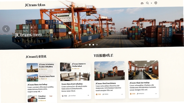 JCtrans行业资讯页面展示,包含新闻列表和专题报道,界面设计杂志风格,有图片配文,色彩温暖,顶部为港口集装箱图片轮播,下方为文章摘要卡片,背景整洁,突出阅读体验