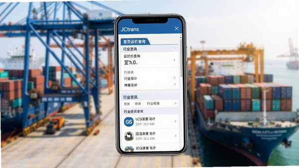 JCtrans软件主界面预览图,展示首页运价查询模块和行业资讯列表,界面简洁清晰,以蓝色和白色为主色调,手机屏幕居中显示,背景为模糊的港口集装箱码头场景,光线明亮,细节丰富,适配移动端展示
