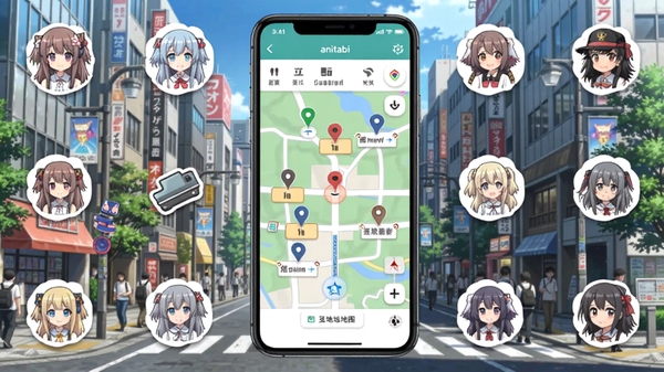 Anitabi软件主界面预览图,展示动漫圣地巡礼地图功能,背景为日本城市街道实景与二次元动画风格融合,地图标记点清晰可见,整体色调清新明亮,画面主体为手机屏幕内的地图导航界面,周围点缀动漫元素图标,适配竖屏展示