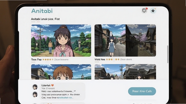 Anitabi作品详情页展示,屏幕中显示某部动漫的取景地列表,包含多张动画截图与实景对比图,下方有用户评论区和收藏按钮,界面布局清晰,信息丰富,色调柔和,突出Anitabi品牌风格