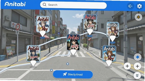 Anitabi地图导航功能界面,展示多个动漫取景地标记点,每个标记点带有作品封面缩略图,地图背景为写实风格街道,顶部有搜索栏,底部有路线规划按钮,整体界面简洁,色彩以蓝白为主,画面包含Anitabi品牌标识