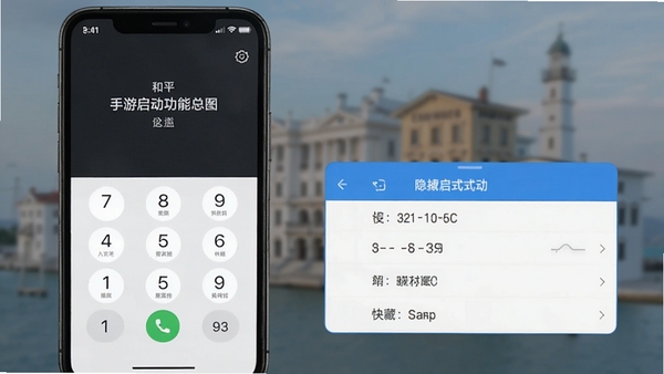 和平手游隐藏器功能展示图,手机屏幕内显示拨号键盘输入代码的界面,背景虚化处理,突出隐藏启动的快捷方式设置面板