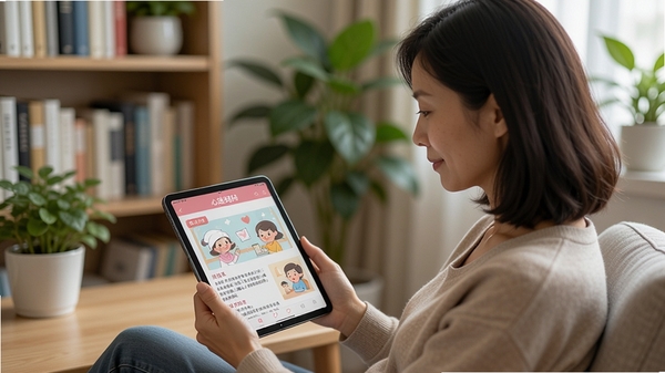 一位妈妈坐在书房里,手捧平板电脑浏览“心选妈妈”应用中的育儿文章,屏幕显示图文并茂的科普内容,背景是书架和绿色植物,整体氛围安静专注,采用写实风格,光线柔和,突出知识获取的便利性。