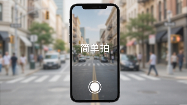 简单拍应用主界面预览图,手机竖屏展示,界面极简风格,底部中央一个大大的白色快门按钮,背景是虚化的城市街景,色彩自然明亮,前景手机屏幕清晰显示“简单拍”三个字,整体画面干净通透,突出应用简洁易用的特点