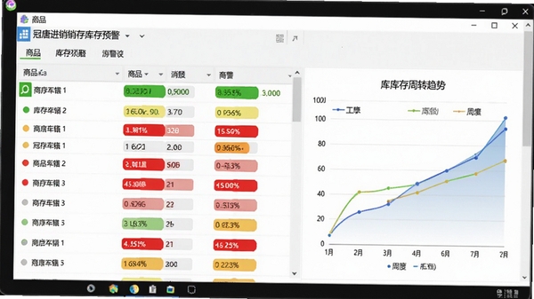 冠唐进销存库存预警界面截图,展示商品列表带有颜色标记的库存状态,红色标注低于安全库存的商品,图表显示库存周转趋势,背景为电脑屏幕显示软件界面