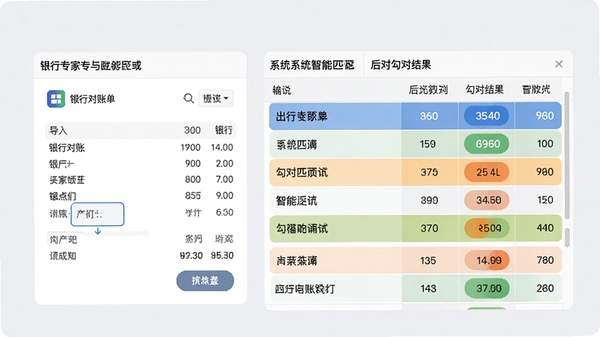 出纳专家软件的自动对账功能界面预览图,左侧为银行对账单导入区域,右侧为系统智能匹配后的勾对结果列表,不同状态以颜色区分,背景为柔和的浅灰色,突出数据对比的清晰度