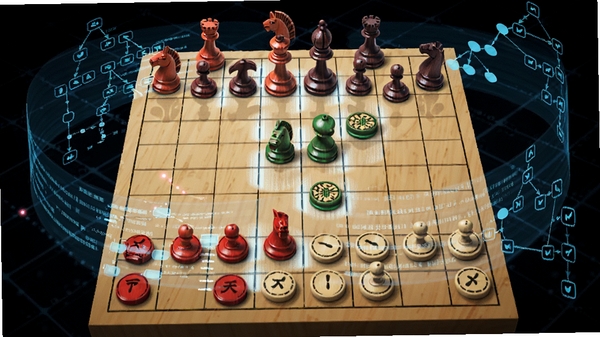 倚天象棋引擎深度思考示意图,画面展示棋盘上红方马炮联攻的复杂局面,棋子周围有半透明的蓝色数据流与决策树状图环绕,象征引擎强大的计算过程,背景为深色科技感网格,突出AI对弈的智慧感