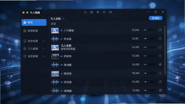 凡人全能音频转换器主界面预览图,现代简约风格,深色与蓝色搭配的软件界面,中央显示音频文件列表,左侧为功能导航栏,背景为柔和的科技感光效,整体画面清晰明亮,突出软件的专业性与易用性