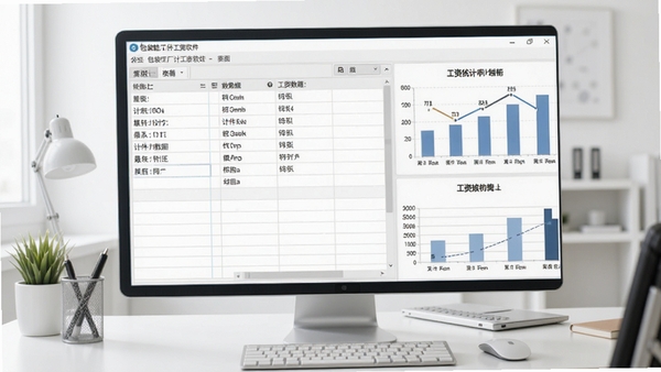 包袋鞋厂计件工资软件主界面截图,展示清晰的计件数据录入表格和工资统计图表,背景为整洁的办公桌面,整体风格明亮简洁,突出软件的实用性与专业性