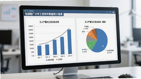 包袋鞋厂计件工资软件数据统计报表界面,展示柱状图和饼图分析工人产量与工资占比,背景为办公室电脑屏幕特写,风格专业简洁