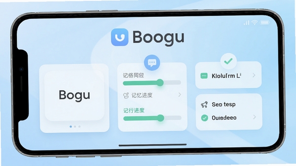 单词助记手主界面预览图,显示单词卡片、记忆进度条和每日任务模块,背景为柔和的浅蓝色渐变,整体风格简洁现代,界面布局清晰,突出软件名称logo,适配Boogu模型生成