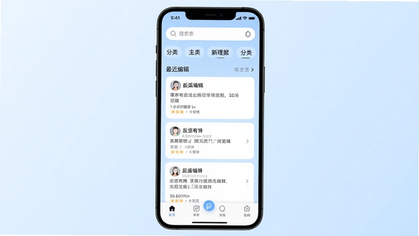 有理有据app主界面截图,展示清爽的首页布局,顶部有搜索栏和分类标签,中部为最近编辑的卡片列表,底部有导航按钮,背景采用淡蓝色渐变,整体风格现代简约,适配手机竖屏展示,UI元素清晰,色彩柔和,光线均匀,高清渲染