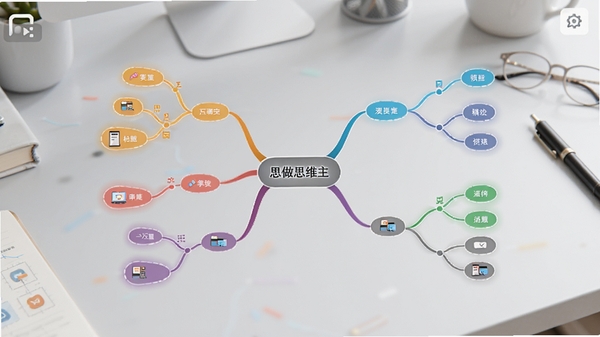 享做思维主界面预览图,展示一个清晰的项目思维导图,中心主题发散出多个彩色分支节点,背景为柔和的浅灰色工作台,图标风格简约现代,整体画面干净明亮,突出移动端思维导图工具的便捷性