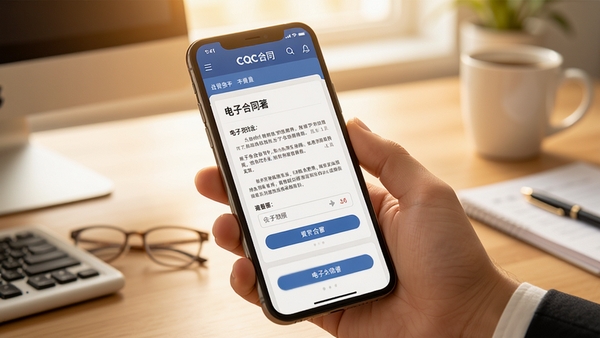 CQC�ƶ�ǩ����������չʾ���ֻ���Ļ�ڳ��ֵ��Ӻ�ͬǩ��ҳ�棬����Ϊ�칫���滷����ůɫ��������������ϸ������������Booguģ������