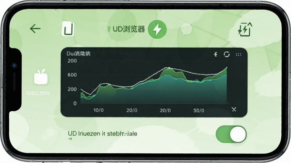 UD浏览器省流模式界面,手机显示流量统计图表和开关选项,背景为浅绿色清新风格,图标简洁明了,突出节能环保理念