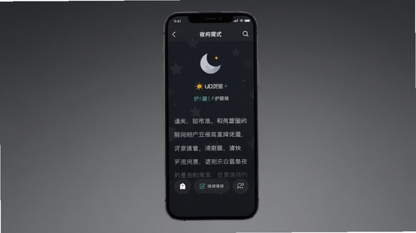 UD浏览器夜间模式效果图,手机屏幕显示暗色背景的网页阅读界面,有月亮图标和护眼提示,整体色调柔和,背景为深灰色渐变