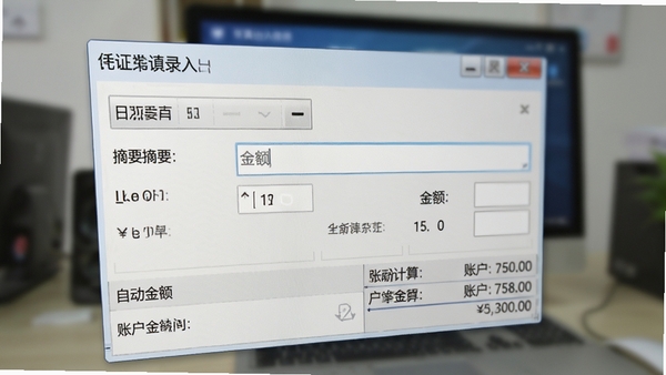 全真出纳软件日记账操作界面特写,展示凭证录入窗口,包含日期选择器、摘要输入框、金额字段,下方是自动计算出的账户余额,数据清晰,背景虚化突出操作细节
