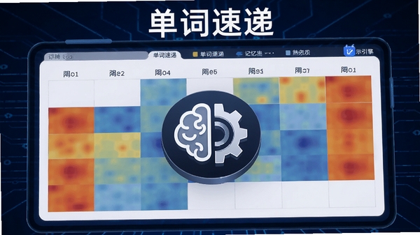 单词速递智能记忆引擎示意图,屏幕上展示单词速递的复习日历热力图,不同颜色代表记忆强度,中央是一个大脑与齿轮结合的图标,背景为深蓝科技感,画面清晰标注单词速递字样