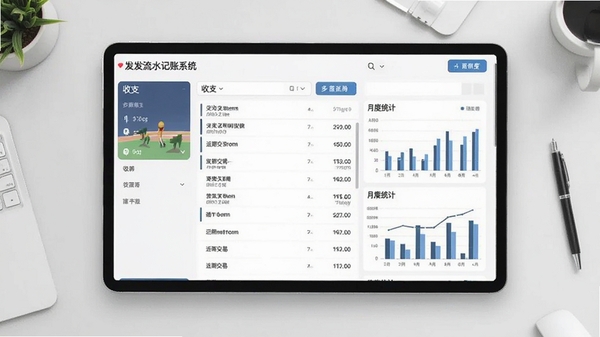 发发流水记账系统主界面预览图,展示清晰的收支分类、近期交易列表和月度统计图表,背景为干净的浅灰色工作台,整体风格简约商务