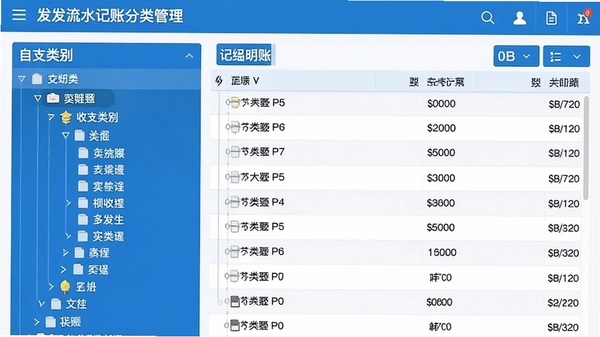 发发流水记账系统的分类管理界面,左侧显示可自定义的收支类别树状结构,右侧为对应类别的记账明细列表,界面采用蓝白配色,清晰直观