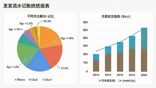 发发流水记账系统的统计报表页面,包含彩色饼图和柱状图,展示不同支出类别占比和月度收支趋势,背景为白色,数据图表清晰醒目