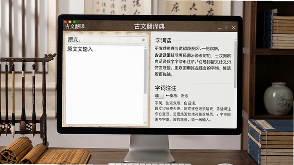 一幅现代电脑桌面场景,屏幕中展示古文翻译字典软件界面,界面左侧为原文输入框,右侧显示白话译文与字词注释,背景为古风书房,毛笔、竹简与线装书陈列,整体色调古朴典雅,突出软件实用性与文化气息,画面清晰细腻,无文字遮挡。