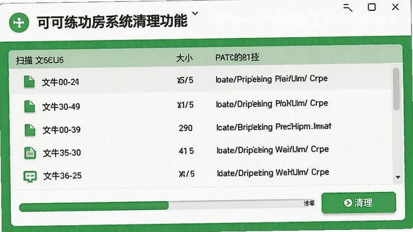 可可练功房系统清理功能截图,画面展示扫描结果列表,包含文件类型、大小和路径信息,界面带有进度条和清理按钮,色彩搭配以绿色和白色为主,传达安全高效的清理体验。