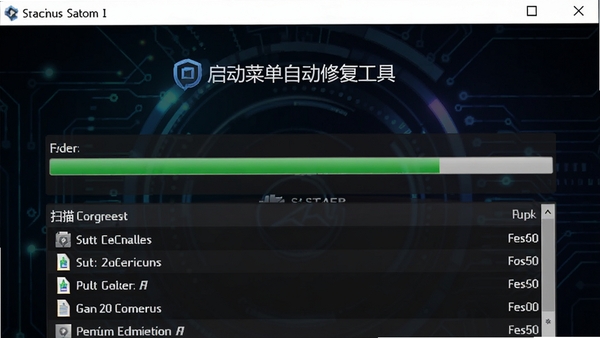 启动菜单自动修复工具正在扫描启动项的进度条界面,绿色进度条推进,下方显示扫描到的系统文件列表,背景为深色科技感光效,突出软件名称