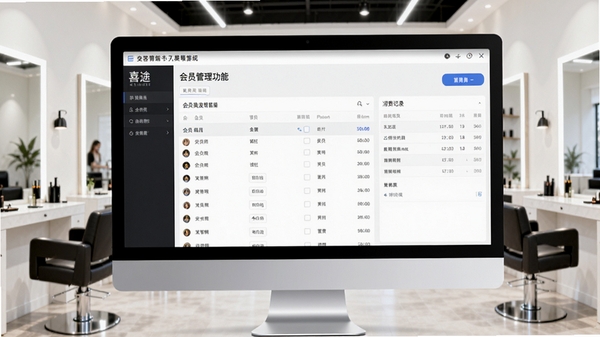 喜途美容美发管理系统主界面预览图,画面主体为电脑屏幕中展示的会员管理功能界面,背景为整洁明亮的美发沙龙店铺环境,界面清晰显示会员列表与消费记录,整体风格专业且现代