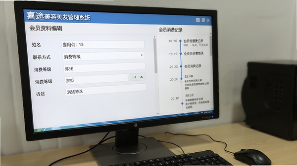 喜途美容美发管理系统会员资料编辑界面展示,画面一侧为会员详细信息表单,包含姓名、联系方式、消费等级等字段,另一侧为会员消费记录时间线,背景为电脑操作环境,图片风格写实清晰